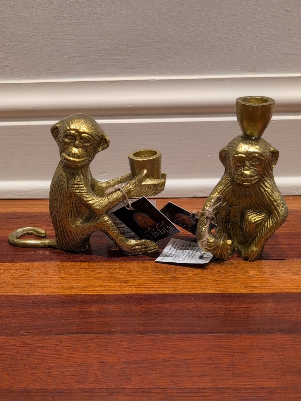 Set Of 2 Gold Colored Monkey Candle Holders